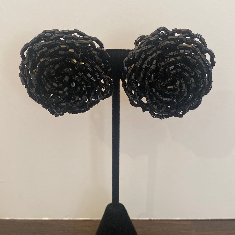 Vintage Costume Jewelry Black Beaded Clip-on Earrings